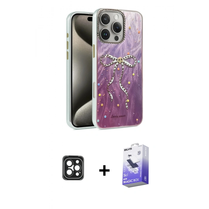 MARSİLYAN™- iPhone 16 Pro Max Kılıf Zirve Modern Prime - Siyah Bilvis 5in1 5D Magic Hayalet Cam Ekran Koruyucu + PVD Metal Kamera Lens - SH