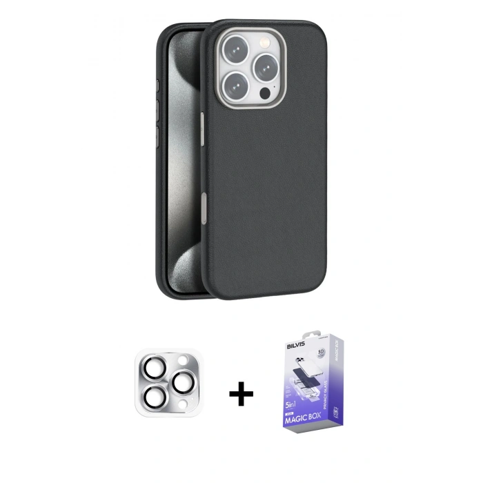 MARSİLYAN™- iPhone 16 Pro Max Kılıf Zirve Modern Prime - Siyah Bilvis 5in1 5D Magic Hayalet Cam Ekran Koruyucu + Pers Alüminyum Kamera Lens - GS