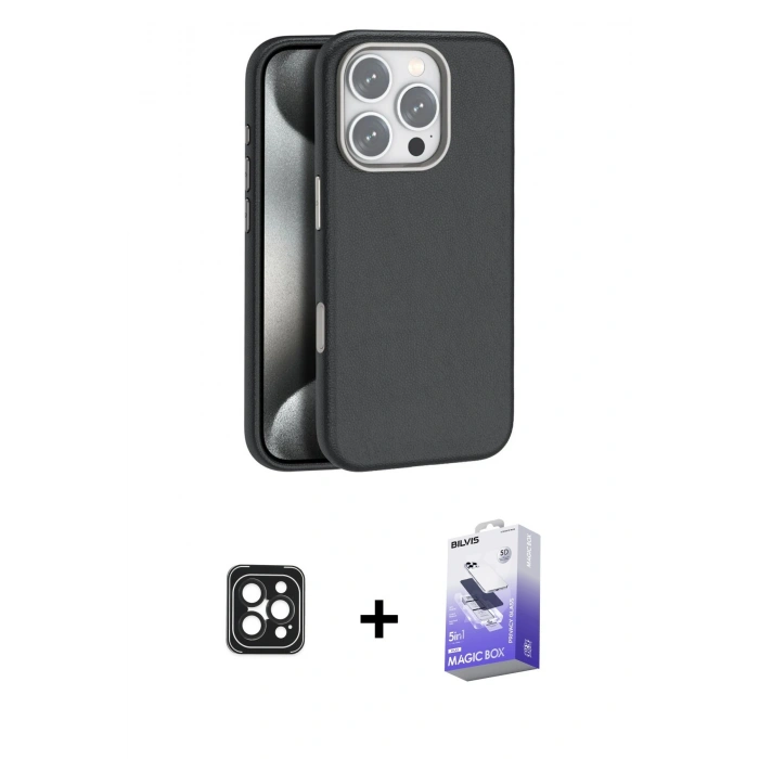 MARSİLYAN™- iPhone 16 Pro Max Kılıf Zirve Modern Prime - Siyah Bilvis 5in1 5D Magic Hayalet Cam Ekran Koruyucu + PVD Metal Kamera Lens - SH