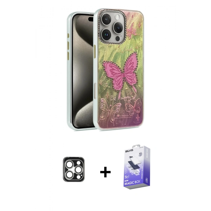 MARSİLYAN™- iPhone 16 Pro Max Kılıf Zirve Modern Prime - Siyah Bilvis 5in1 5D Magic Hayalet Cam Ekran Koruyucu + PVD Metal Kamera Lens - GS