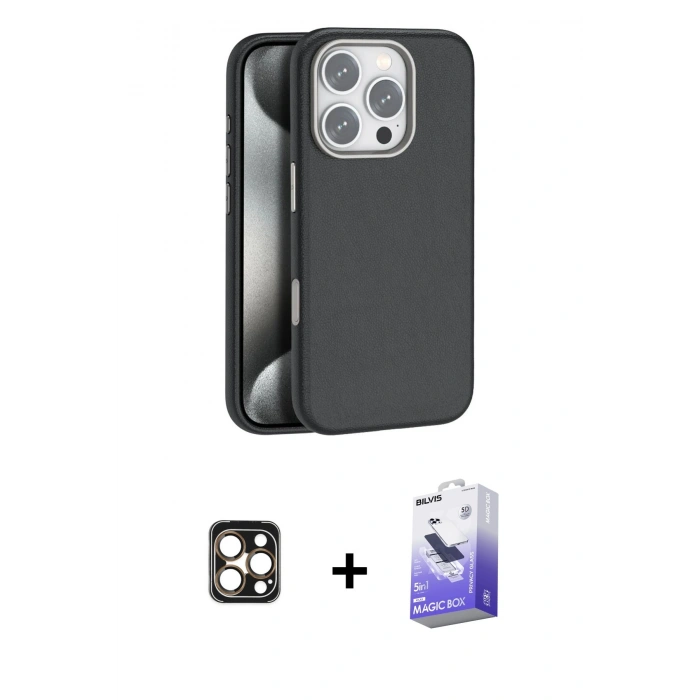 MARSİLYAN™- iPhone 16 Pro Max Kılıf Zirve Modern Prime - Siyah Bilvis 5in1 5D Magic Hayalet Cam Ekran Koruyucu + PVD Metal Kamera Lens - GD
