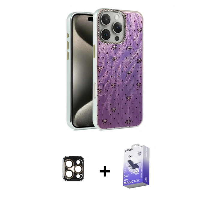 MARSİLYAN™- iPhone 16 Pro Max Kılıf Zirve Modern Prime - Siyah Bilvis 5in1 5D Magic Hayalet Cam Ekran Koruyucu + Gold PVD Metal Kamera Lens