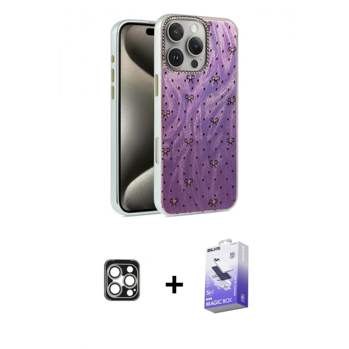 MARSİLYAN™- iPhone 16 Pro Max Kılıf Zirve Modern Prime - Siyah Bilvis 5in1 5D Magic Hayalet Cam Ekran Koruyucu + PVD Metal Kamera Lens - GS