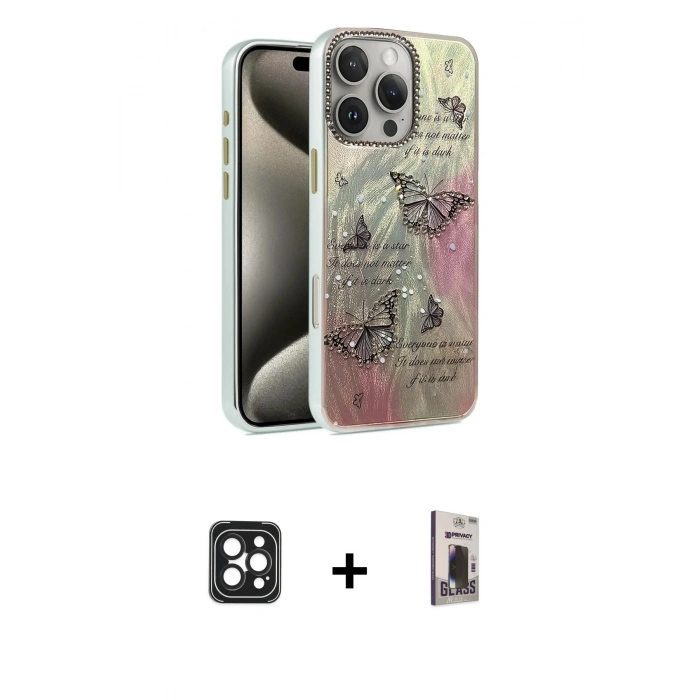 MARSİLYAN™- iPhone 16 Pro Max Kılıf Zirve Modern Prime - Siyah Bilvis Hayalet Cam Ekran Koruyucu + PVD Metal Kamera Lens - SH