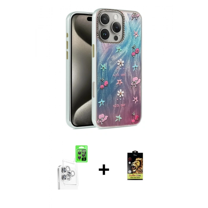 MARSİLYAN™- iPhone 16 Pro Max Kılıf Zirve Modern Prime - Siyah Buffer Cam Ekran Koruyucu + Beyaz Raze Metal Kamera Lens