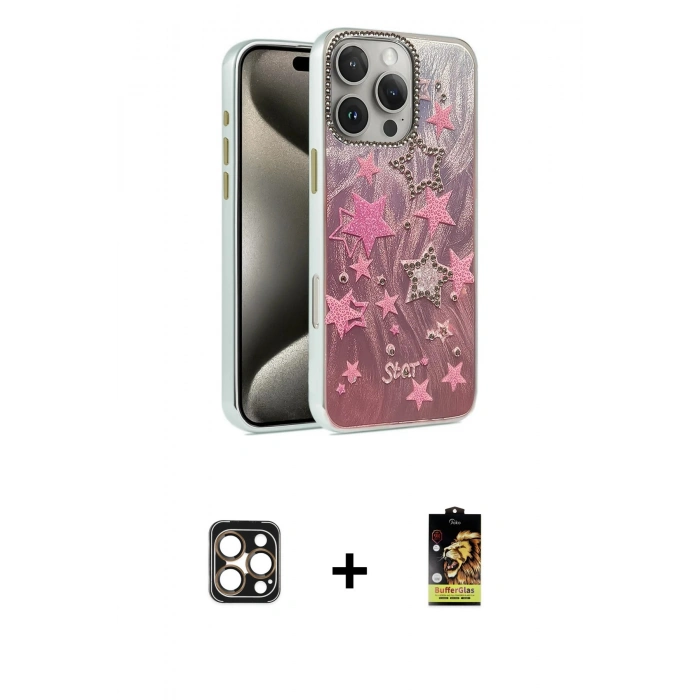 MARSİLYAN™- iPhone 16 Pro Max Kılıf Zirve Modern Prime - Siyah Buffer Cam Ekran Koruyucu + Gold PVD Metal Kamera Lens