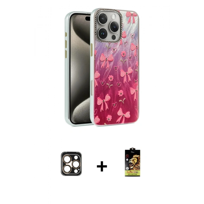 MARSİLYAN™- iPhone 16 Pro Max Kılıf Zirve Modern Prime - Siyah Buffer Cam Ekran Koruyucu + Gold PVD Metal Kamera Lens