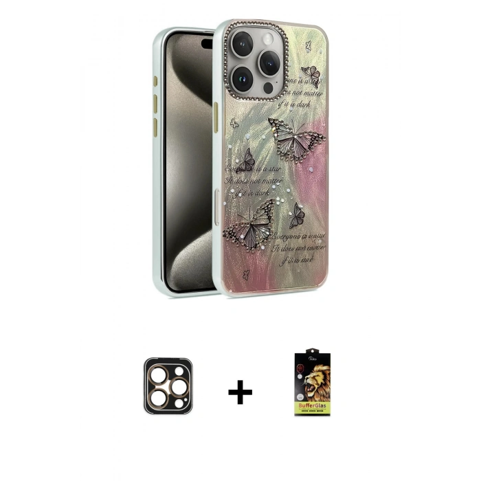 MARSİLYAN™- iPhone 16 Pro Max Kılıf Zirve Modern Prime - Siyah Buffer Cam Ekran Koruyucu + Gold PVD Metal Kamera Lens