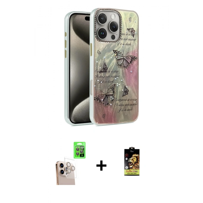 MARSİLYAN™- iPhone 16 Pro Max Kılıf Zirve Modern Prime - Siyah Buffer Cam Ekran Koruyucu + Natural Grey Raze Metal Kamera Lens