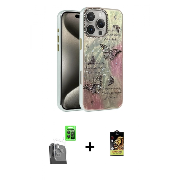 MARSİLYAN™- iPhone 16 Pro Max Kılıf Zirve Modern Prime - Siyah Buffer Cam Ekran Koruyucu + Siyah Raze Metal Kamera Lens