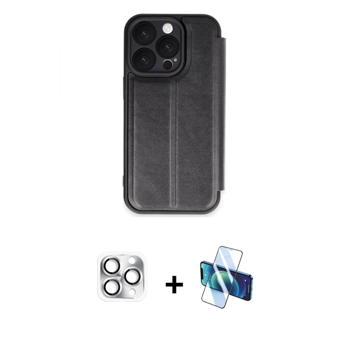 MARSİLYAN™- iPhone 16 Pro Max Kılıf Zirve Yansıma Serisi - Siyah 3D Antistatik Cam Ekran Koruyucu + Pers Alüminyum Kamera Lens - GS