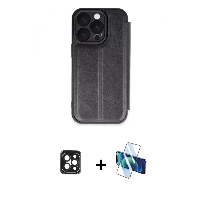 MARSİLYAN™- iPhone 16 Pro Max Kılıf Zirve Yansıma Serisi - Siyah 3D Antistatik Cam Ekran Koruyucu + PVD Metal Kamera Lens - SH