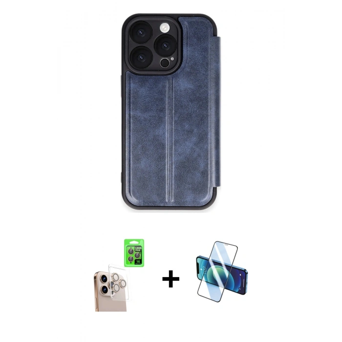MARSİLYAN™- iPhone 16 Pro Max Kılıf Zirve Yansıma Serisi - Siyah 3D Antistatik Cam Ekran Koruyucu + Raze Metal Kamera Lens - NLGY