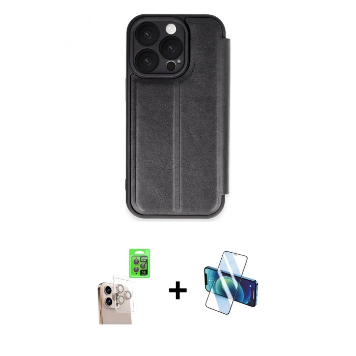 MARSİLYAN™- iPhone 16 Pro Max Kılıf Zirve Yansıma Serisi - Siyah 3D Antistatik Cam Ekran Koruyucu + Raze Metal Kamera Lens - NLGY