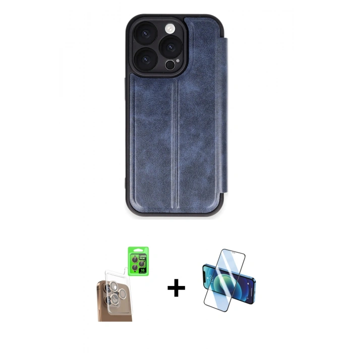 MARSİLYAN™- iPhone 16 Pro Max Kılıf Zirve Yansıma Serisi - Siyah 3D Antistatik Cam Ekran Koruyucu + Raze Metal Kamera Lens - CLTM