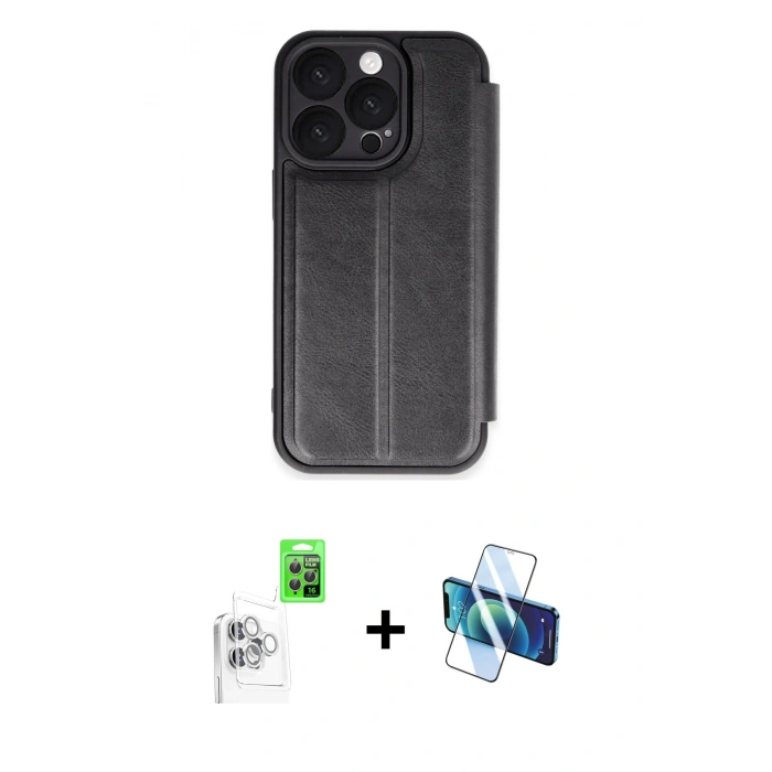 MARSİLYAN™- iPhone 16 Pro Max Kılıf Zirve Yansıma Serisi - Siyah 3D Antistatik Cam Ekran Koruyucu + Raze Metal Kamera Lens - BZ