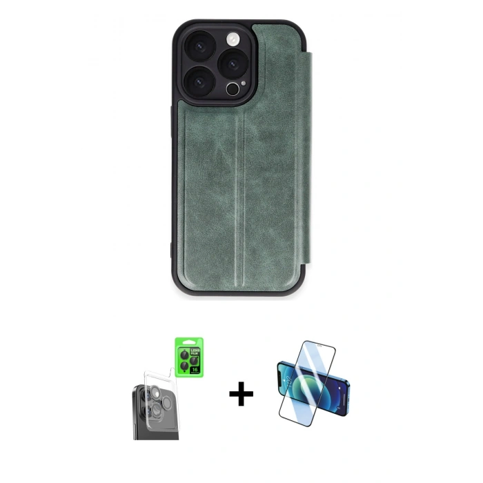 MARSİLYAN™- iPhone 16 Pro Max Kılıf Zirve Yansıma Serisi - Siyah 3D Antistatik Cam Ekran Koruyucu + Raze Metal Kamera Lens - SH