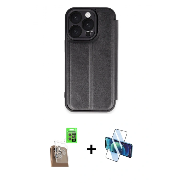 MARSİLYAN™- iPhone 16 Pro Max Kılıf Zirve Yansıma Serisi - Siyah 3D Antistatik Cam Ekran Koruyucu + Raze Metal Kamera Lens - CLTM