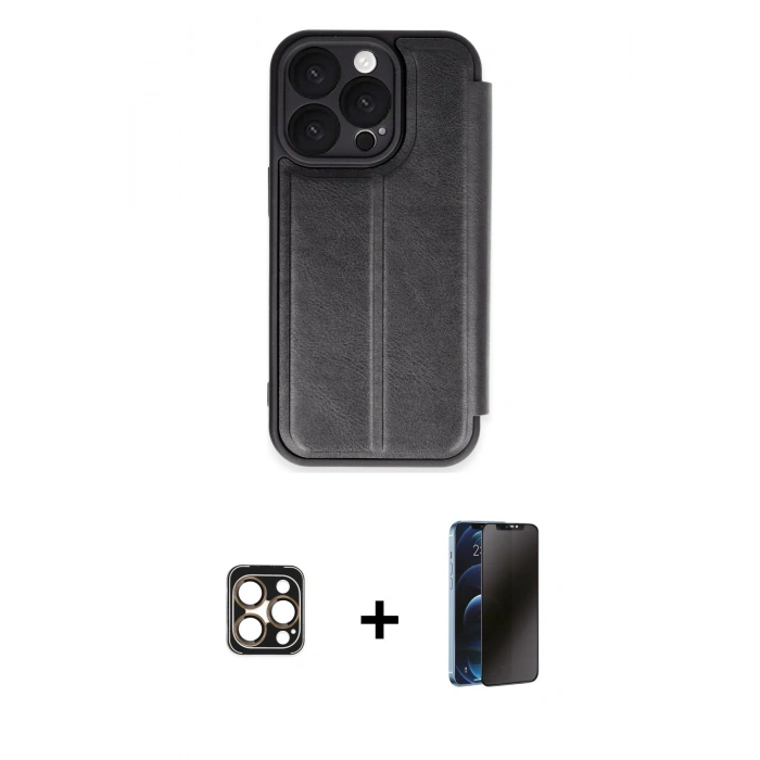 MARSİLYAN™- iPhone 16 Pro Max Kılıf Zirve Yansıma Serisi - Siyah 3D Antistatik Hayalet Cam Ekran Koruyucu + PVD Metal Kamera Lens - GD