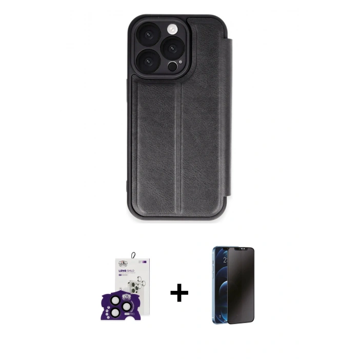 MARSİLYAN™- iPhone 16 Pro Max Kılıf Zirve Yansıma Serisi - Siyah 3D Antistatik Hayalet Cam Ekran Koruyucu + Bilvis Titan Kamera Lens - SH