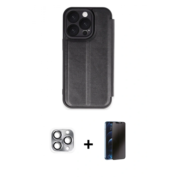 MARSİLYAN™- iPhone 16 Pro Max Kılıf Zirve Yansıma Serisi - Siyah 3D Antistatik Hayalet Cam Ekran Koruyucu + Pers Alüminyum Kamera Lens - GI
