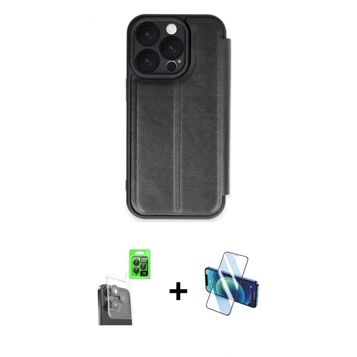 MARSİLYAN™- iPhone 16 Pro Max Kılıf Zirve Yansıma Serisi - Siyah 3D Antistatik Seramik Nano Ekran Koruyucu + Raze Metal Kamera Lens - SH