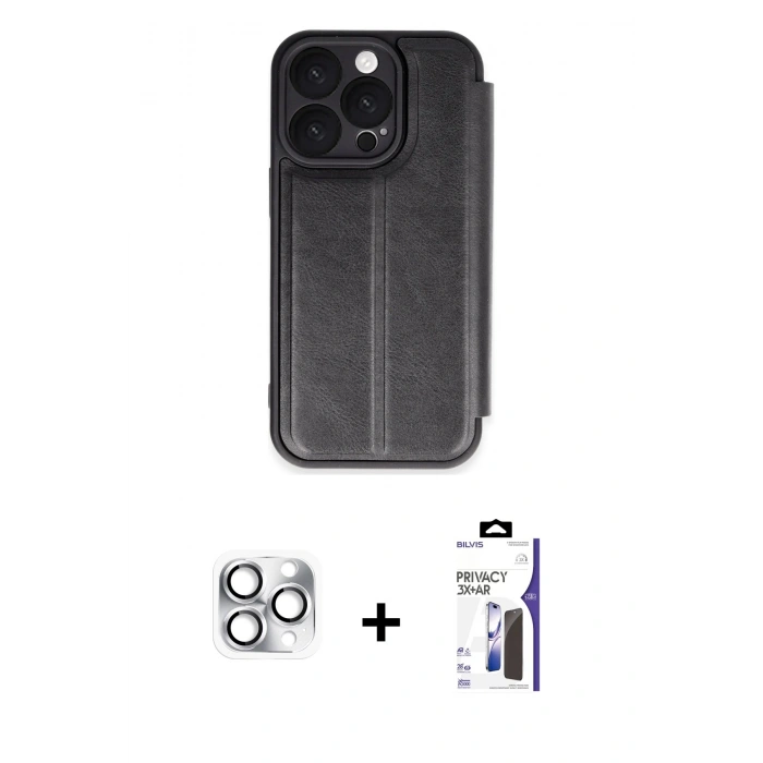 MARSİLYAN™- iPhone 16 Pro Max Kılıf Zirve Yansıma Serisi - Siyah Bilvis 3X AR Hayalet Cam Ekran Koruyucu + Pers Alüminyum Kamera Lens - GS