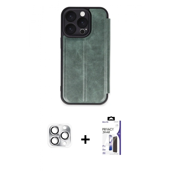 MARSİLYAN™- iPhone 16 Pro Max Kılıf Zirve Yansıma Serisi - Siyah Bilvis 3X AR Hayalet Cam Ekran Koruyucu + Pers Alüminyum Kamera Lens - GS