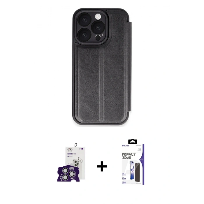 MARSİLYAN™- iPhone 16 Pro Max Kılıf Zirve Yansıma Serisi - Siyah Bilvis 3X AR Hayalet Cam Ekran Koruyucu + Bilvis Titan Kamera Lens - GS