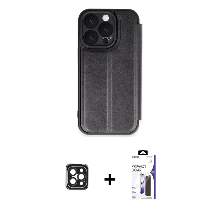MARSİLYAN™- iPhone 16 Pro Max Kılıf Zirve Yansıma Serisi - Siyah Bilvis 3X AR Hayalet Cam Ekran Koruyucu + PVD Metal Kamera Lens - SH