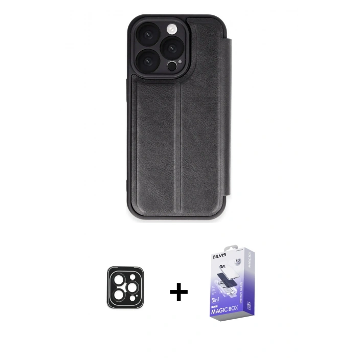 MARSİLYAN™- iPhone 16 Pro Max Kılıf Zirve Yansıma Serisi - Siyah Bilvis 5in1 5D Magic Hayalet Cam Ekran Koruyucu + PVD Metal Kamera Lens - SH