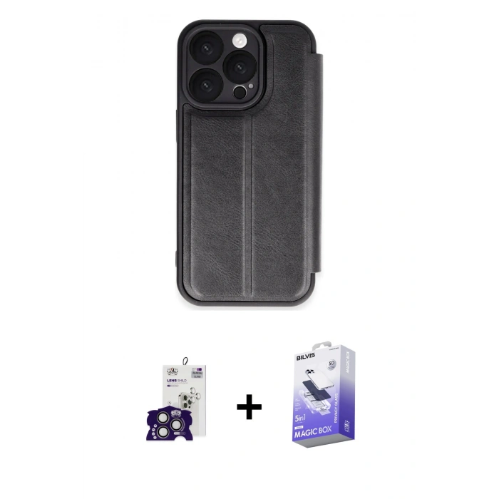 MARSİLYAN™- iPhone 16 Pro Max Kılıf Zirve Yansıma Serisi - Siyah Bilvis 5in1 5D Magic Hayalet Cam Ekran Koruyucu + Titanyum Gri Bilvis Titan Kamera Lens
