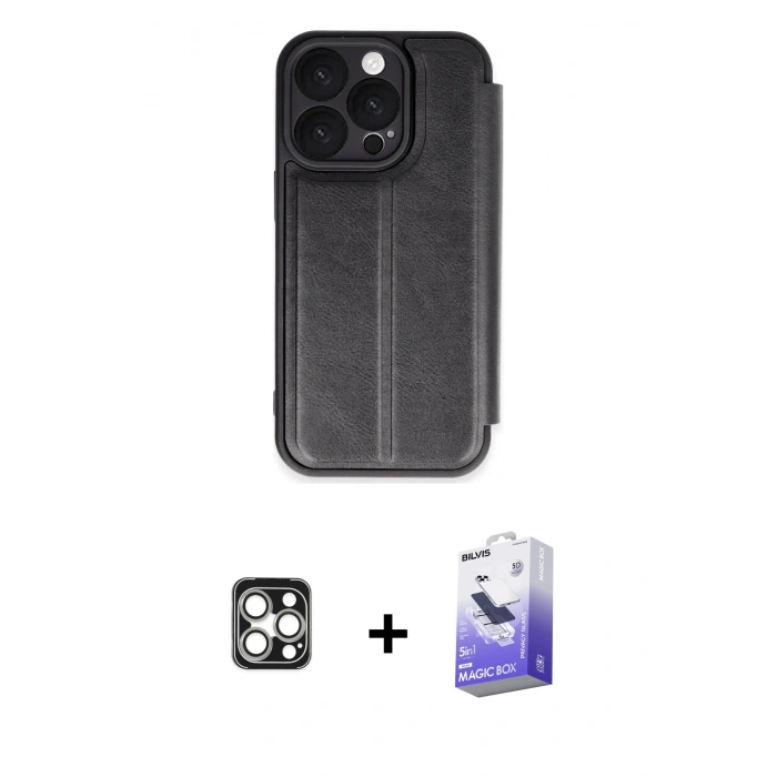 MARSİLYAN™- iPhone 16 Pro Max Kılıf Zirve Yansıma Serisi - Siyah Bilvis 5in1 5D Magic Hayalet Cam Ekran Koruyucu + PVD Metal Kamera Lens - GS
