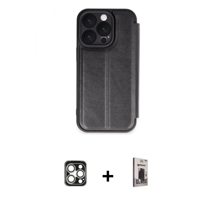 MARSİLYAN™- iPhone 16 Pro Max Kılıf Zirve Yansıma Serisi - Siyah Bilvis Hayalet Cam Ekran Koruyucu + PVD Metal Kamera Lens - GS