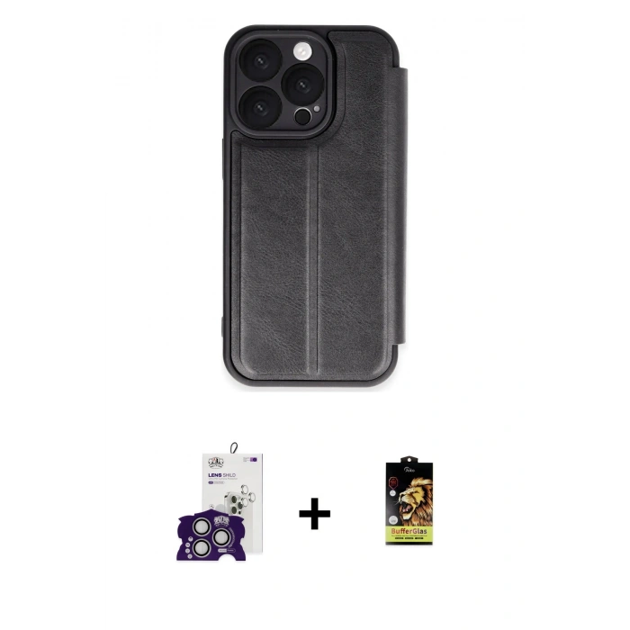 MARSİLYAN™- iPhone 16 Pro Max Kılıf Zirve Yansıma Serisi - Siyah Buffer Cam Ekran Koruyucu + Bilvis Titan Kamera Lens - GS