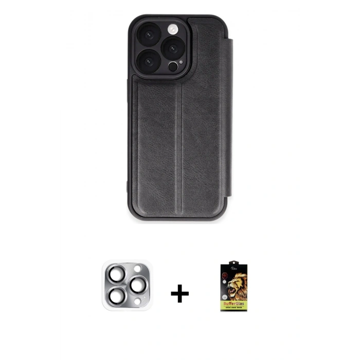 MARSİLYAN™- iPhone 16 Pro Max Kılıf Zirve Yansıma Serisi - Siyah Buffer Cam Ekran Koruyucu + Pers Alüminyum Kamera Lens - GI