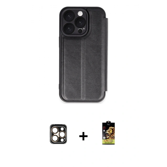 MARSİLYAN™- iPhone 16 Pro Max Kılıf Zirve Yansıma Serisi - Siyah Buffer Cam Ekran Koruyucu + PVD Metal Kamera Lens - GD