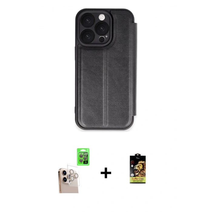 MARSİLYAN™- iPhone 16 Pro Max Kılıf Zirve Yansıma Serisi - Siyah Buffer Cam Ekran Koruyucu + Raze Metal Kamera Lens - NLGY