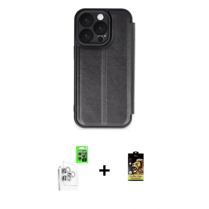 MARSİLYAN™- iPhone 16 Pro Max Kılıf Zirve Yansıma Serisi - Siyah Buffer Cam Ekran Koruyucu + Raze Metal Kamera Lens - BZ