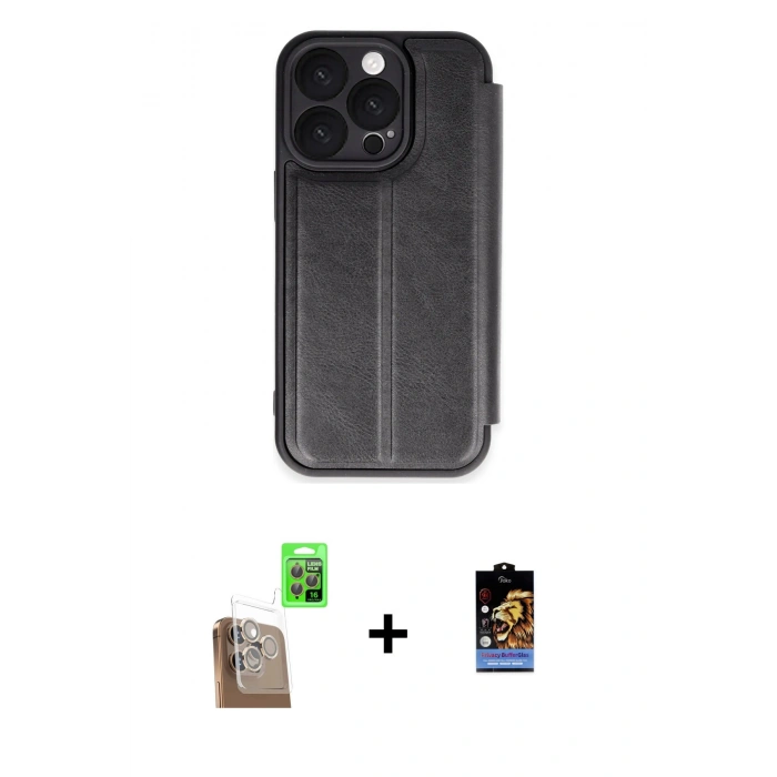 MARSİLYAN™- iPhone 16 Pro Max Kılıf Zirve Yansıma Serisi - Siyah Buffer Hayalet Cam Ekran Koruyucu + Çöl Titanyum Raze Metal Kamera Lens