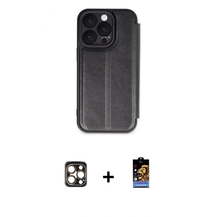 MARSİLYAN™- iPhone 16 Pro Max Kılıf Zirve Yansıma Serisi - Siyah Buffer Hayalet Cam Ekran Koruyucu + Gold PVD Metal Kamera Lens