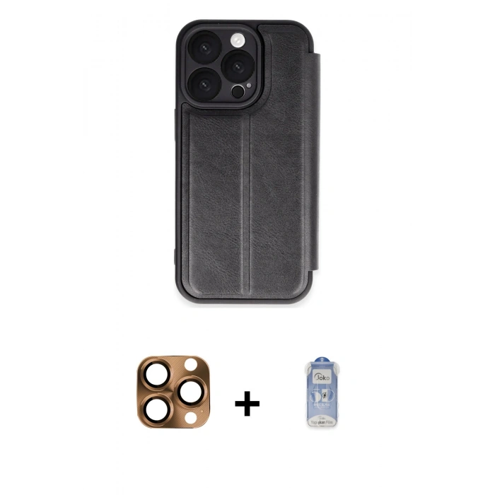 MARSİLYAN™- iPhone 16 Pro Max Kılıf Zirve Yansıma Serisi - Siyah Joko Magic 5D Cam + Çöl Titanyum Pers Alüminyum Kamera Lens