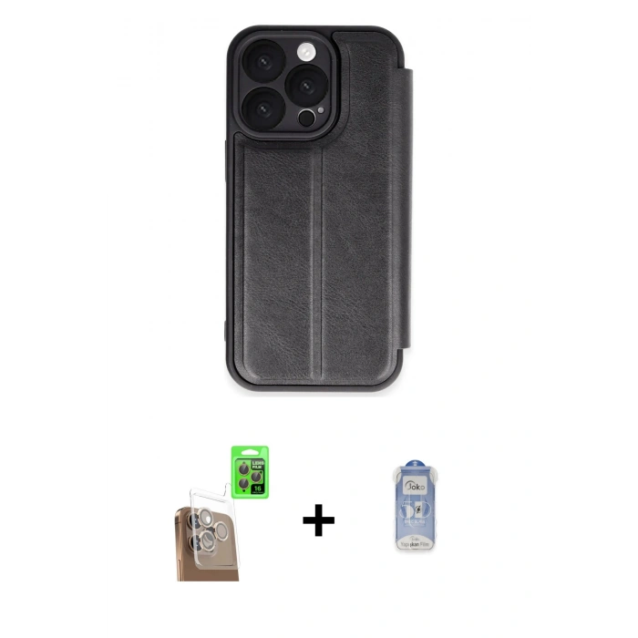 MARSİLYAN™- iPhone 16 Pro Max Kılıf Zirve Yansıma Serisi - Siyah Joko Magic 5D Cam + Çöl Titanyum Raze Metal Kamera Lens