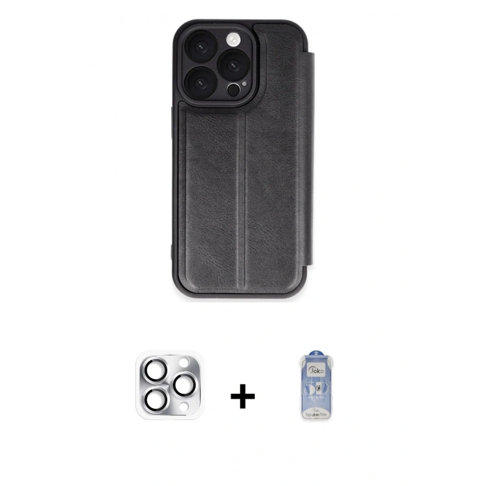 MARSİLYAN™- iPhone 16 Pro Max Kılıf Zirve Yansıma Serisi - Siyah Joko Magic 5D Cam + Gümüş Pers Alüminyum Kamera Lens