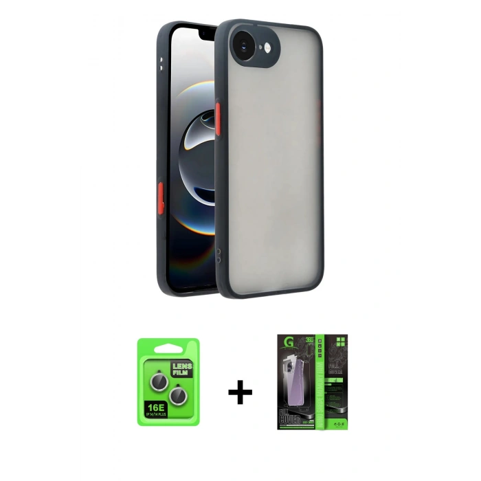 MARSİLYAN™- iPhone 16E Kılıf Ahenk Çizgi Serisi - Şeffaf 360 Full Body Arka Koruyucu + Raze Metal Kamera Lens - GS