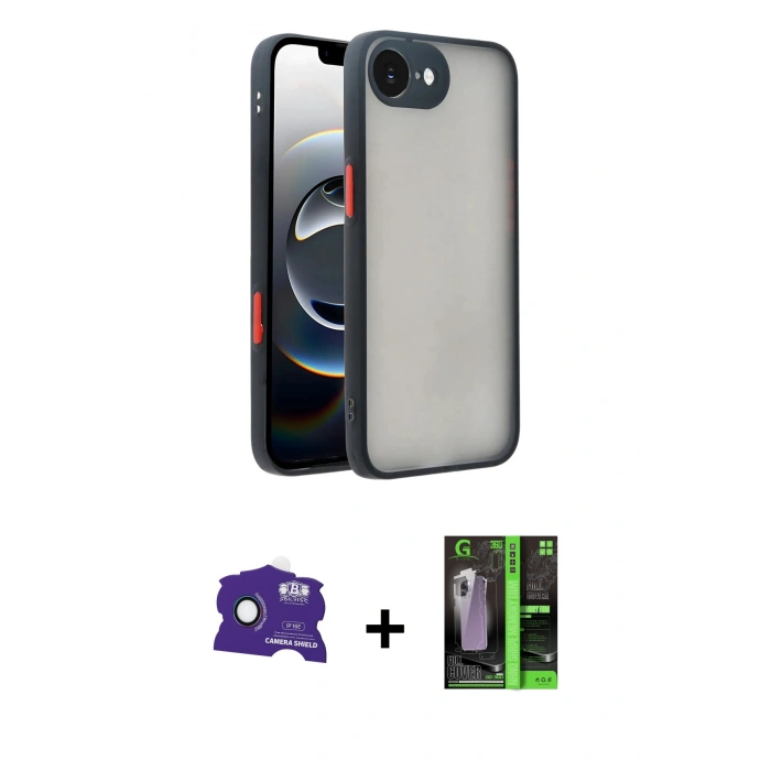 MARSİLYAN™- iPhone 16E Kılıf Ahenk Çizgi Serisi - Şeffaf 360 Full Body Arka Koruyucu + Bilvis Titan Kamera Lens - RW