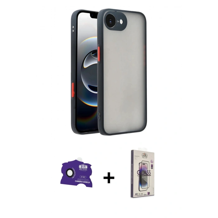 MARSİLYAN™- iPhone 16E Kılıf Ahenk Çizgi Serisi - Siyah Bilvis 3D Cam Ekran Koruyucu + Bilvis Titan Kamera Lens - SH