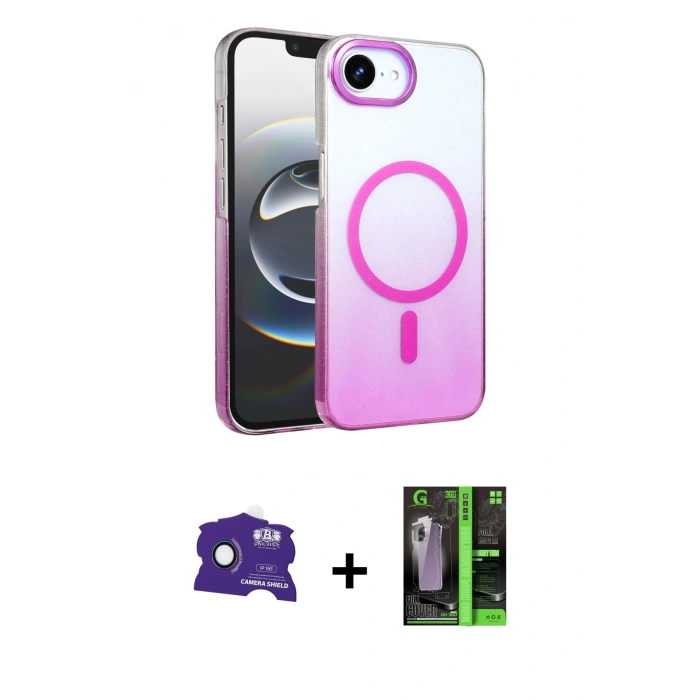MARSİLYAN™- iPhone 16E Kılıf Ahenk Doku Özel Seri - Şeffaf 360 Full Body Arka Koruyucu + Rainbow Bilvis Titan Kamera Lens