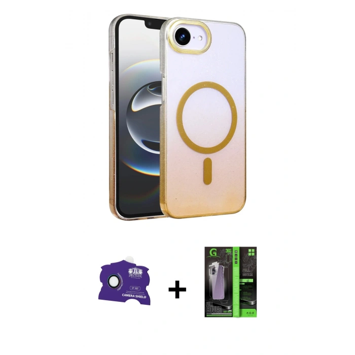 MARSİLYAN™- iPhone 16E Kılıf Ahenk Doku Özel Seri - Şeffaf 360 Full Body Arka Koruyucu + Rainbow Bilvis Titan Kamera Lens