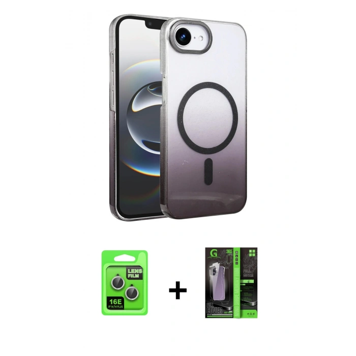 MARSİLYAN™- iPhone 16E Kılıf Ahenk Doku Özel Seri - Şeffaf 360 Full Body Arka Koruyucu + Raze Metal Kamera Lens - GS